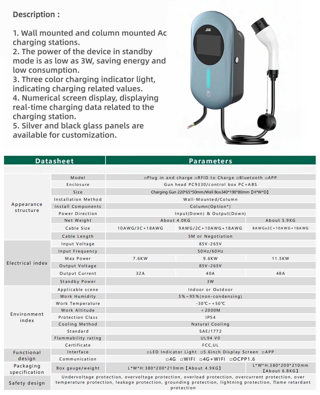 Type1 / Type2 / GBT AC Wall-mounted EV Charger DYREM-EU-888022 view 4